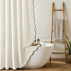 MIULEE 84″ Long Scalloped Linen Shower Curtain with 12 Metal Hooks Cute Extra Long Boho Heavy Duty Washable Waterproof Thick Cloth Curtains with Black Border for Bathroom Hotel Bathtub,Natural(White)