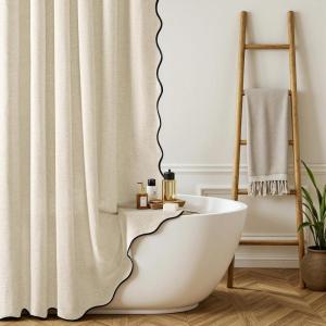MIULEE 84″ Long Scalloped Linen Shower Curtain with 12 Metal Hooks Cute Extra Long Boho Heavy Duty Washable Waterproof Thick Cloth Curtains with Black Border for Bathroom Hotel Bathtub,Natural(Natural)