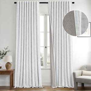MIULEE Baby Pink 100% Blackout Linen Curtains 90 Inch 2 Panels Set Double Sided No Coating Pleated Back Tab Black Out Long Thermal Insulated Pinch Pleat Bedroom Living Room Darkening Window Drapes(Greyish White)