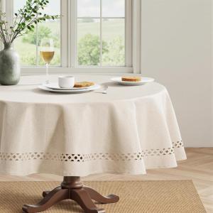 MIULEE Beige Rectangle Linen Polyester Tablecloth with Decorative Cutouts Waterproof Stain Resistant & Shrink-Proof Table Cloth 60×84 inch Farmhouse Style for Dining Wedding Party and Outdoor Picnics(Beige)