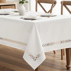 MIULEE Beige Rectangle Linen Polyester Tablecloth with Decorative Cutouts Waterproof Stain Resistant & Shrink-Proof Table Cloth 60×84 inch Farmhouse Style for Dining Wedding Party and Outdoor Picnics(White)