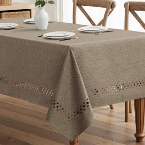 MIULEE Beige Rectangle Linen Polyester Tablecloth with Decorative Cutouts Waterproof Stain Resistant & Shrink-Proof Table Cloth 60×84 inch Farmhouse Style for Dining Wedding Party and Outdoor Picnics(Khaki)