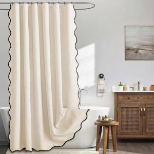MIULEE Beige Scalloped Shower Curtain Linen Textured with 12 Metal Hooks Cute Heavy Duty Washable Waterproof Neutral Thick Cloth Shower Curtains with Black Border for Bathroom Bathtub,W72*L72 Cream(Ivory)