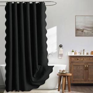 MIULEE Beige Scalloped Shower Curtain Linen Textured with 12 Metal Hooks Cute Heavy Duty Washable Waterproof Neutral Thick Cloth Shower Curtains with Black Border for Bathroom Bathtub,W72*L72 Cream(Black)