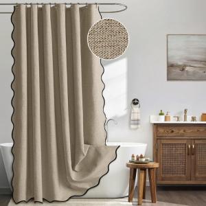 MIULEE Beige Scalloped Shower Curtain Linen Textured with 12 Metal Hooks Cute Heavy Duty Washable Waterproof Neutral Thick Cloth Shower Curtains with Black Border for Bathroom Bathtub,W72*L72 Cream(Khaki)