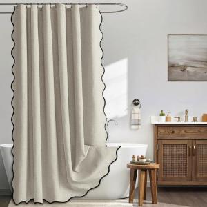 MIULEE Beige Scalloped Shower Curtain Linen Textured with 12 Metal Hooks Cute Heavy Duty Washable Waterproof Neutral Thick Cloth Shower Curtains with Black Border for Bathroom Bathtub,W72*L72 Cream(Linen)