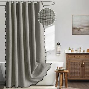 MIULEE Beige Scalloped Shower Curtain Linen Textured with 12 Metal Hooks Cute Heavy Duty Washable Waterproof Neutral Thick Cloth Shower Curtains with Black Border for Bathroom Bathtub,W72*L72 Cream(Grey)