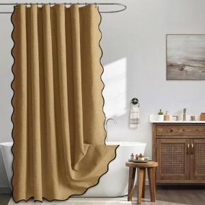 MIULEE Beige Scalloped Shower Curtain Linen Textured with 12 Metal Hooks Cute Heavy Duty Washable Waterproof Neutral Thick Cloth Shower Curtains with Black Border for Bathroom Bathtub,W72*L72 Cream(Gold Brown)
