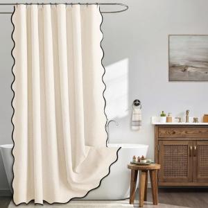 MIULEE Beige Scalloped Shower Curtain Linen Textured with 12 Metal Hooks Cute Heavy Duty Washable Waterproof Neutral Thick Cloth Shower Curtains with Black Border for Bathroom Bathtub,W72*L72 Cream(Cream White)