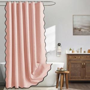 MIULEE Beige Scalloped Shower Curtain Linen Textured with 12 Metal Hooks Cute Heavy Duty Washable Waterproof Neutral Thick Cloth Shower Curtains with Black Border for Bathroom Bathtub,W72*L72 Cream(Blush Pink)