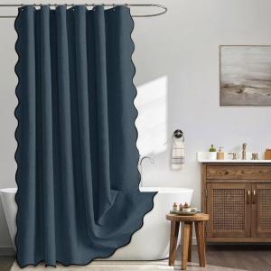 MIULEE Beige Scalloped Shower Curtain Linen Textured with 12 Metal Hooks Cute Heavy Duty Washable Waterproof Neutral Thick Cloth Shower Curtains with Black Border for Bathroom Bathtub,W72*L72 Cream(Navy Blue)