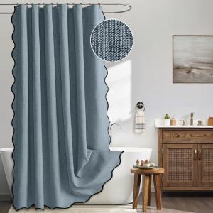 MIULEE Beige Scalloped Shower Curtain Linen Textured with 12 Metal Hooks Cute Heavy Duty Washable Waterproof Neutral Thick Cloth Shower Curtains with Black Border for Bathroom Bathtub,W72*L72 Cream(Dusty Blue)