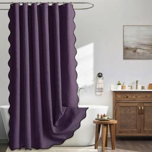 MIULEE Beige Scalloped Shower Curtain Linen Textured with 12 Metal Hooks Cute Heavy Duty Washable Waterproof Neutral Thick Cloth Shower Curtains with Black Border for Bathroom Bathtub,W72*L72 Cream(Purple)
