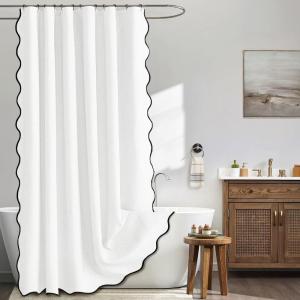 MIULEE Beige Scalloped Shower Curtain Linen Textured with 12 Metal Hooks Cute Heavy Duty Washable Waterproof Neutral Thick Cloth Shower Curtains with Black Border for Bathroom Bathtub,W72*L72 Cream(White)