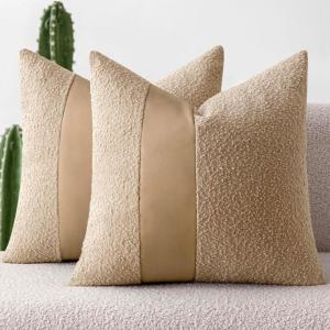 MIULEE Boucle Throw Pillow Covers 18×18 Inch Set of 2 Brown Faux Leather Textured Decorative Pillow Cases Boho Farmhouse Accents Cushion Covers for Couch Bed Livingroom Home Decor(Khaki)