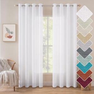 MIULEE Burgundy Red Faux Linen Textured Semi Sheer Curtains for Bedroom Living Room 84 Inches Length 2 Panels Set Grommet Light Filtering Privacy Curtains Drapes Room Christmas Decor Window Treatment(White)