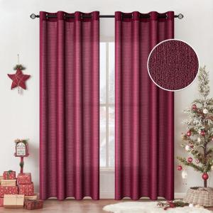 MIULEE Burgundy Red Faux Linen Textured Semi Sheer Curtains for Bedroom Living Room 84 Inches Length 2 Panels Set Grommet Light Filtering Privacy Curtains Drapes Room Christmas Decor Window Treatment(Burgundy Red)