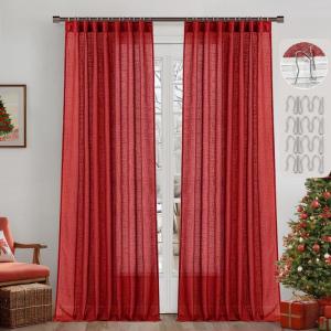 MIULEE Burgundy Red Linen Curtains 84 Inch Length 2 Panels for Bedroom Living Room, Pinch Pleated Soft Thick Linen Textured Window Drapes with Hooks Semi Sheer Light Filtering Christmas Decor(Red)