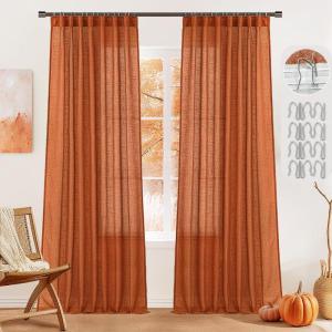 MIULEE Burgundy Red Linen Curtains 84 Inch Length 2 Panels for Bedroom Living Room, Pinch Pleated Soft Thick Linen Textured Window Drapes with Hooks Semi Sheer Light Filtering Christmas Decor(Orange)