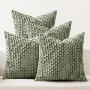 MIULEE Burnt Orange Throw Pillow Covers Soft Couch Decorative Set of 4 Boho Striped Cushion Covers Corduroy Pillowcase Farmhouse Home Decor for Couch Bed Sofa Living Room 18×18 Inch Yellow Orange(Sage Green)