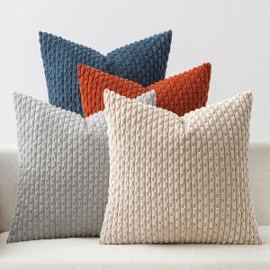 MIULEE Burnt Orange Throw Pillow Covers Soft Couch Decorative Set of 4 Boho Striped Cushion Covers Corduroy Pillowcase Farmhouse Home Decor for Couch Bed Sofa Living Room 18×18 Inch Yellow Orange(Blue and Orange)