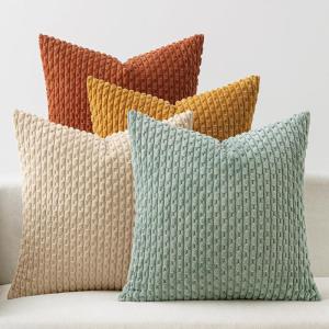 MIULEE Burnt Orange Throw Pillow Covers Soft Couch Decorative Set of 4 Boho Striped Cushion Covers Corduroy Pillowcase Farmhouse Home Decor for Couch Bed Sofa Living Room 18×18 Inch Yellow Orange(Teal-rust)