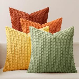 MIULEE Burnt Orange Throw Pillow Covers Soft Couch Decorative Set of 4 Boho Striped Cushion Covers Corduroy Pillowcase Farmhouse Home Decor for Couch Bed Sofa Living Room 18×18 Inch Yellow Orange(Yellow Orange)