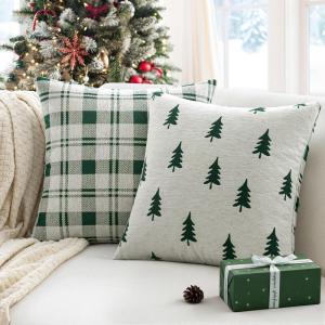 MIULEE Christmas Decorative Chenille Throw Pillow Covers, 18×18 Inch, White Dark Green Tree, Set of 2 Cute Trees with Plaid Patterns Pillows for Sofa Couch Bedroom Chair Xmas Home Decor