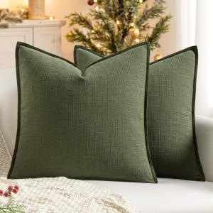 MIULEE Christmas Decorative Pillow Covers 20×20, 2 Pack Boho Farmhouse Neutral Throw Pillows for Couch, Thick Textured Modern Linen Cushion Cases Sofa Bed Living Room Home Decor, Dark Green(Dark Green)