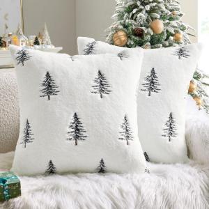 MIULEE Christmas Decorative Pillow Covers Set of 2 Faux Fur Throw Pillows with Embroidered Christmas Tree 18×18 Inch White Green Winter Couch Covers for Festival Sofa Bedroom Living Room Home Decor(White Black)