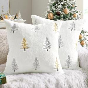 MIULEE Christmas Decorative Pillow Covers Set of 2 Faux Fur Throw Pillows with Embroidered Christmas Tree 18×18 Inch White Green Winter Couch Covers for Festival Sofa Bedroom Living Room Home Decor(White Gold)