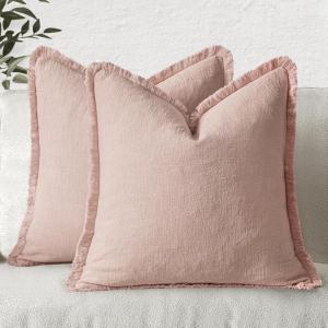 MIULEE Christmas Decorative Throw Pillow Covers Neutral Linen Fringe Throw Pillows Set of 2 Natural Beige Boho Farmhouse Cushion Covers with Tassels for Couch Sofa Bed Living Room Decor 18×18 Inch(Light Pink)
