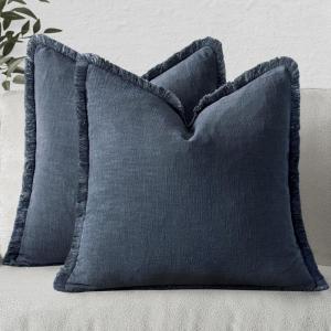 MIULEE Christmas Decorative Throw Pillow Covers Neutral Linen Fringe Throw Pillows Set of 2 Natural Beige Boho Farmhouse Cushion Covers with Tassels for Couch Sofa Bed Living Room Decor 18×18 Inch(Indigo Blue)