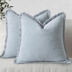 MIULEE Christmas Decorative Throw Pillow Covers Neutral Linen Fringe Throw Pillows Set of 2 Natural Beige Boho Farmhouse Cushion Covers with Tassels for Couch Sofa Bed Living Room Decor 18×18 Inch(Sky Blue)