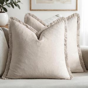 MIULEE Christmas Decorative Throw Pillow Covers Neutral Linen Fringe Throw Pillows Set of 2 Natural Beige Boho Farmhouse Cushion Covers with Tassels for Couch Sofa Bed Living Room Decor 18×18 Inch(Natural Beige)