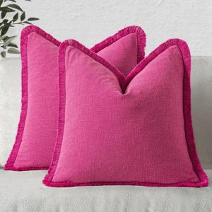 MIULEE Christmas Decorative Throw Pillow Covers Neutral Linen Fringe Throw Pillows Set of 2 Natural Beige Boho Farmhouse Cushion Covers with Tassels for Couch Sofa Bed Living Room Decor 18×18 Inch(Hot Pink)