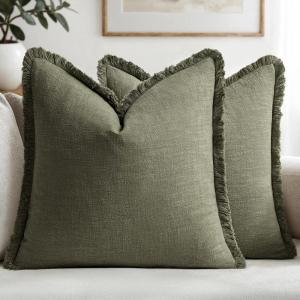 MIULEE Christmas Decorative Throw Pillow Covers Neutral Linen Fringe Throw Pillows Set of 2 Natural Beige Boho Farmhouse Cushion Covers with Tassels for Couch Sofa Bed Living Room Decor 18×18 Inch(Olive Green)
