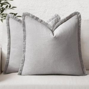 MIULEE Christmas Decorative Throw Pillow Covers Neutral Linen Fringe Throw Pillows Set of 2 Natural Beige Boho Farmhouse Cushion Covers with Tassels for Couch Sofa Bed Living Room Decor 18×18 Inch(Light Grey)