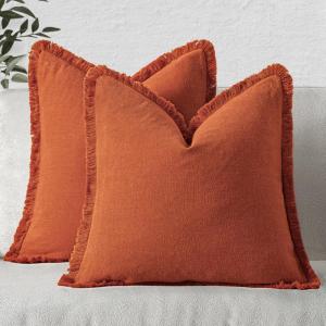 MIULEE Christmas Decorative Throw Pillow Covers Neutral Linen Fringe Throw Pillows Set of 2 Natural Beige Boho Farmhouse Cushion Covers with Tassels for Couch Sofa Bed Living Room Decor 18×18 Inch(Burnt Orange)