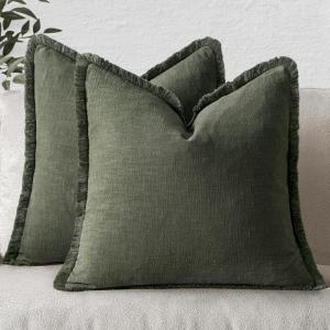 MIULEE Christmas Decorative Throw Pillow Covers Neutral Linen Fringe Throw Pillows Set of 2 Natural Beige Boho Farmhouse Cushion Covers with Tassels for Couch Sofa Bed Living Room Decor 18×18 Inch(Rifle Green)