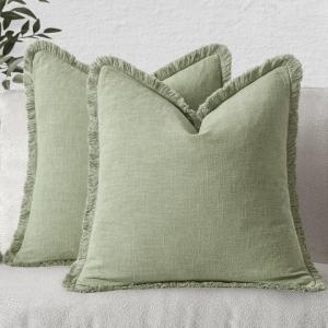 MIULEE Christmas Decorative Throw Pillow Covers Neutral Linen Fringe Throw Pillows Set of 2 Natural Beige Boho Farmhouse Cushion Covers with Tassels for Couch Sofa Bed Living Room Decor 18×18 Inch(Sage Green)