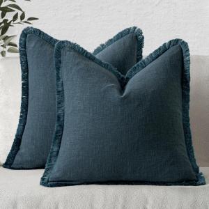 MIULEE Christmas Decorative Throw Pillow Covers Neutral Linen Fringe Throw Pillows Set of 2 Natural Beige Boho Farmhouse Cushion Covers with Tassels for Couch Sofa Bed Living Room Decor 18×18 Inch(Navy Blue)