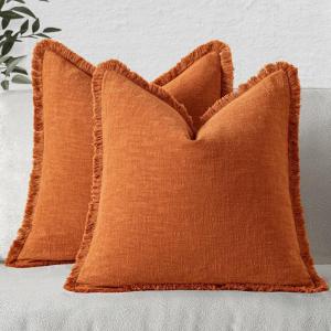 MIULEE Christmas Decorative Throw Pillow Covers Neutral Linen Fringe Throw Pillows Set of 2 Natural Beige Boho Farmhouse Cushion Covers with Tassels for Couch Sofa Bed Living Room Decor 18×18 Inch(Orange)
