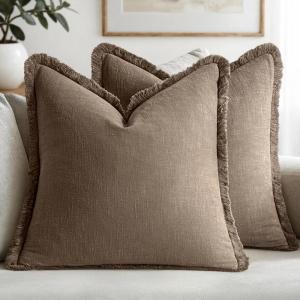 MIULEE Christmas Decorative Throw Pillow Covers Neutral Linen Fringe Throw Pillows Set of 2 Natural Beige Boho Farmhouse Cushion Covers with Tassels for Couch Sofa Bed Living Room Decor 18×18 Inch(Cocoa Brown)