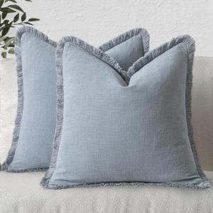 MIULEE Christmas Decorative Throw Pillow Covers Neutral Linen Fringe Throw Pillows Set of 2 Natural Beige Boho Farmhouse Cushion Covers with Tassels for Couch Sofa Bed Living Room Decor 18×18 Inch(Light Blue)