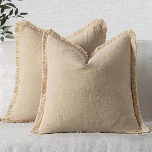 MIULEE Christmas Decorative Throw Pillow Covers Neutral Linen Fringe Throw Pillows Set of 2 Natural Beige Boho Farmhouse Cushion Covers with Tassels for Couch Sofa Bed Living Room Decor 18×18 Inch(Beige)
