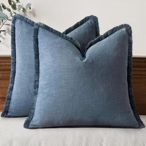 MIULEE Christmas Decorative Throw Pillow Covers Neutral Linen Fringe Throw Pillows Set of 2 Natural Beige Boho Farmhouse Cushion Covers with Tassels for Couch Sofa Bed Living Room Decor 18×18 Inch(Blue Ashes)