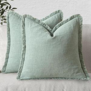 MIULEE Christmas Decorative Throw Pillow Covers Neutral Linen Fringe Throw Pillows Set of 2 Natural Beige Boho Farmhouse Cushion Covers with Tassels for Couch Sofa Bed Living Room Decor 18×18 Inch(Aqua Green)