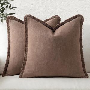 MIULEE Christmas Decorative Throw Pillow Covers Neutral Linen Fringe Throw Pillows Set of 2 Natural Beige Boho Farmhouse Cushion Covers with Tassels for Couch Sofa Bed Living Room Decor 18×18 Inch(Dark Coffee)