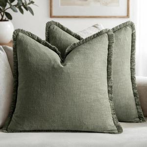 MIULEE Christmas Decorative Throw Pillow Covers Neutral Linen Fringe Throw Pillows Set of 2 Natural Beige Boho Farmhouse Cushion Covers with Tassels for Couch Sofa Bed Living Room Decor 18×18 Inch(Light Olive Green)